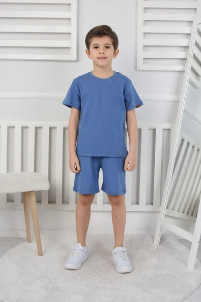 Basic Saks Mavi Deri Detaylı Kısa Kollu Şortlu Çocuk Takım