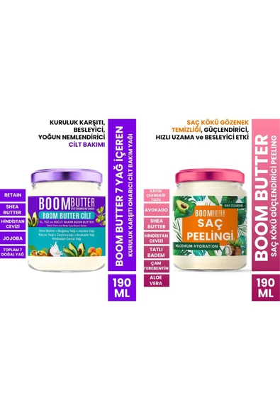 BOOM BUTTER Saç-Cilt Bakım Seti (Saç Peeling 190ml- Onarıcı Cilt Bakım Yağı 190ml)