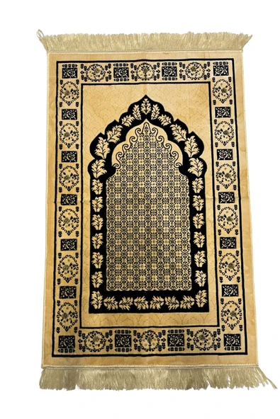 Buhara Tekstil Altın Sarısı ve Siyah Desenli Kadife Seccade