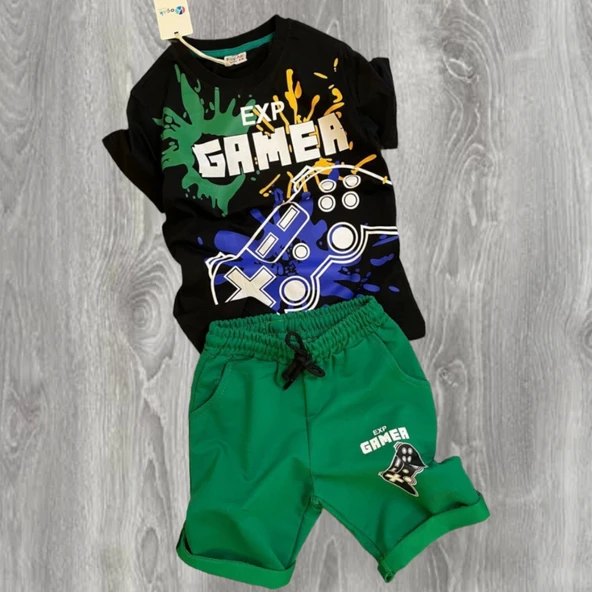 Gamer Yazı Desenli Cepli Şortlu Yeşil Renk Erkek Çocuk Takım