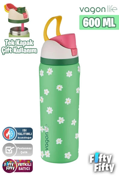 Vagonlife 600 ML Tek Kapak Çift Kullanım Pipetli/Pipetsiz Taşıma Kulplu Çelik Termos -FFVGN044ML600Desenli - 7