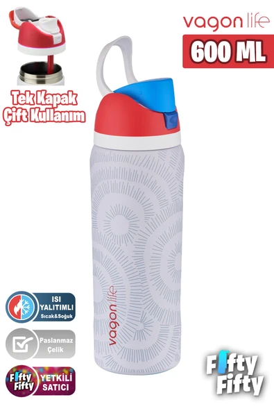 Vagonlife 600 ML Tek Kapak Çift Kullanım Pipetli/Pipetsiz Taşıma Kulplu Çelik Termos -FFVGN044ML600Desenli - 12