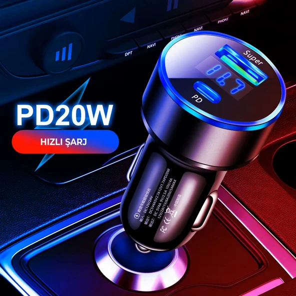 Siyah Araç İçi USB 3.0 Type C 20W Soketli Çakmaklık Güç Adaptörü Tüm Cihazlar 12V-24V - 5