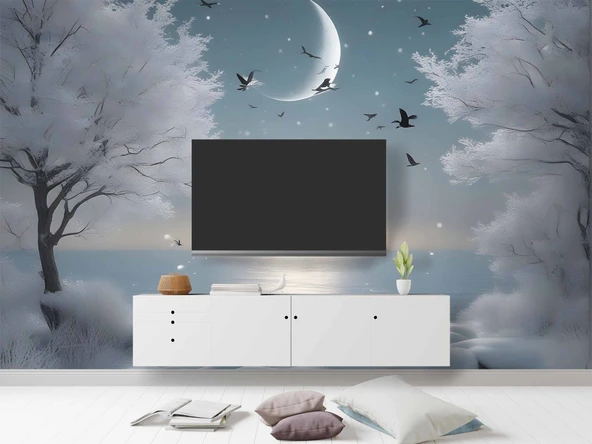 Kış Ay ve Gökyüzü Manzaralı Duvar Kağıdı Baskı - Resim 3