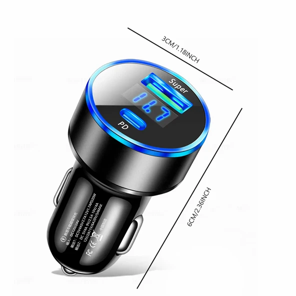 Siyah Araç İçi USB 3.0 Type C 20W Soketli Çakmaklık Güç Adaptörü Tüm Cihazlar 12V-24V - 4