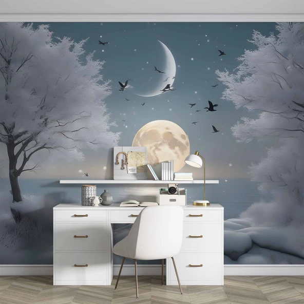 Kış Ay ve Gökyüzü Manzaralı Duvar Kağıdı Baskı - Resim 4
