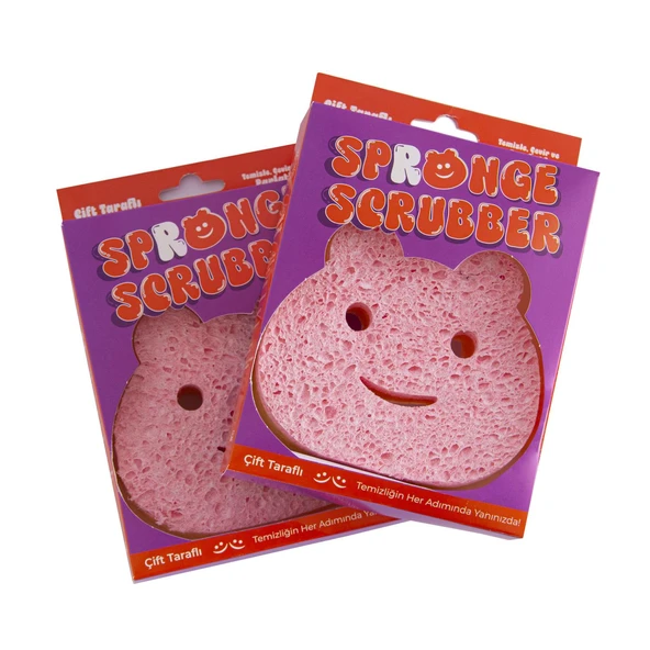 Everklean 2'li Spronge Scrubber Ayıcık Figürlü Çift Yüzeyli Bulaşık Süngeri Temizlik Süngeri Pembe 10x10