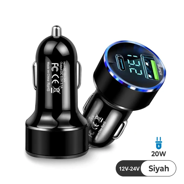 Siyah Araç İçi USB 3.0 Type C 20W Soketli Çakmaklık Güç Adaptörü Tüm Cihazlar 12V-24V