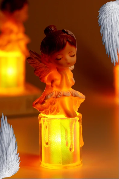 Led Mum Kanatlı Melek Tip Dumansız Pilli Alevli Dekoratif Yapay Mum Işıldak Kahve 1037-7