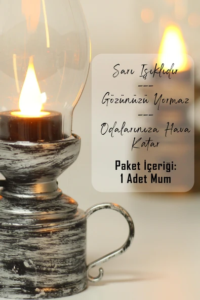 Led Mum Vintage Retro Gaz Lambası Tip Dumansız Pilli Alevli Dekoratif Yapay Mum Işıldak Gümüş 1037-5 - 3