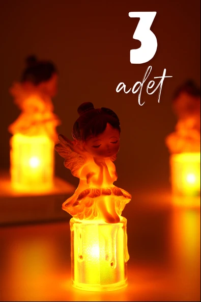 3LÜ Led Mum Kanatlı Melek Tip Dumansız Pilli Alevli Dekoratif Yapay Mum Işıldak Mor 1037-7