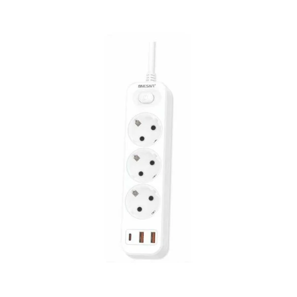 3'lü Akım Korumalı Priz | USB + Type-C Çıkışlı Çoklu Şarj Ünitesi