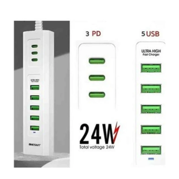 3 Type-C + 5 USB Girişli 24W Hızlı Şarj Cihazı Çoklu Soket Akım Korumalı Adaptör