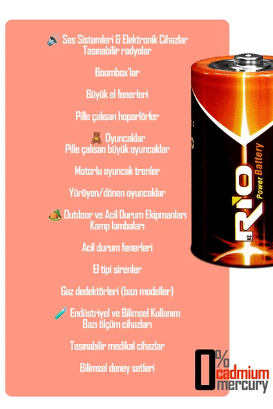 Rio 12li Büyük Boy Pil R20 D-Size Pil D Boy Pil Oyuncak Pili Çinko Karbon Pil Zn-C 1.5 V - 3