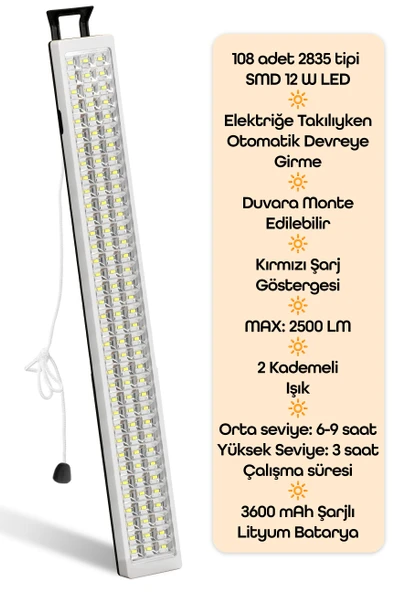 108 LED Şarjlı Işıldak POWER Lambası Otomatik Yanan Fener 2 Kademeli Elektrikli El Feneri 47712 - 3