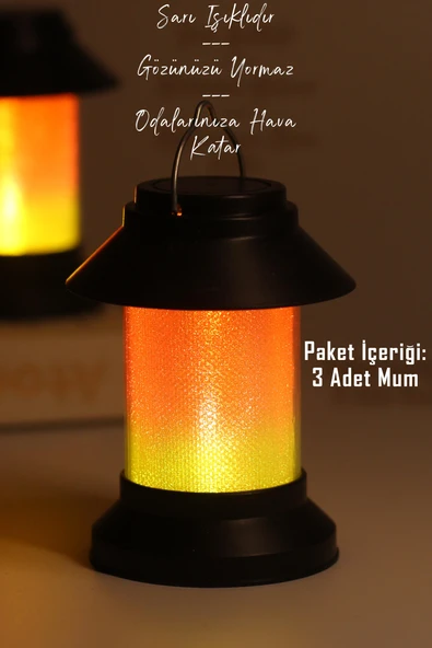 3LÜ Led Mum Sokak Lambası Tip Kulplu Dumansız Pilli Alevli Dekoratif Yapay Mum Işıldak Siyah 1036-9 - 3
