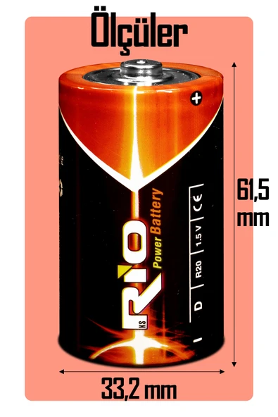 Rio 12li Büyük Boy Pil R20 D-Size Pil D Boy Pil Oyuncak Pili Çinko Karbon Pil Zn-C 1.5 V - 4