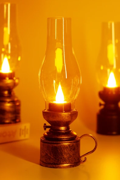 Led Mum Vintage Retro Gaz Lambası Tip Dumansız Pilli Alevli Dekoratif Yapay Mum Işıldak Bakır 1037-5