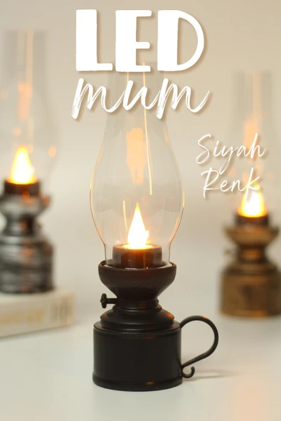Led Mum Vintage Retro Gaz Lambası Tip Dumansız Pilli Alevli Dekoratif Yapay Mum Işıldak Siyah 1037-5 - 2