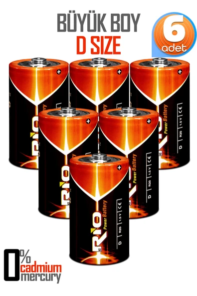 Rio 6lı Büyük Boy Pil R20 D-Size Pil D Boy Pil Oyuncak Pili Çinko Karbon Pil Zn-C 1.5 V