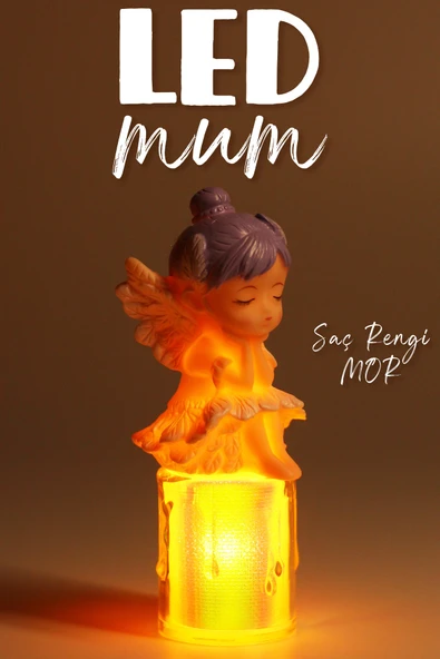 3LÜ Led Mum Kanatlı Melek Tip Dumansız Pilli Alevli Dekoratif Yapay Mum Işıldak Mor 1037-7 - 3