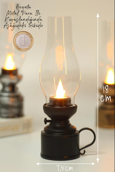 Led Mum Vintage Retro Gaz Lambası Tip Dumansız Pilli Alevli Dekoratif Yapay Mum Işıldak Siyah 1037-5 - 5