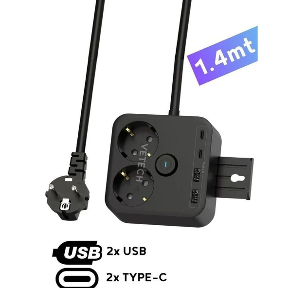 Korumalı 2'li Priz, 2 USB Girişli  Type-C Girişli 1.4 Uzatmalı Grup Akım Korumalı Dayanıklı Priz - 2