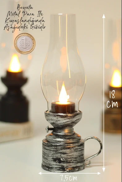 Led Mum Vintage Retro Gaz Lambası Tip Dumansız Pilli Alevli Dekoratif Yapay Mum Işıldak Gümüş 1037-5 - 5