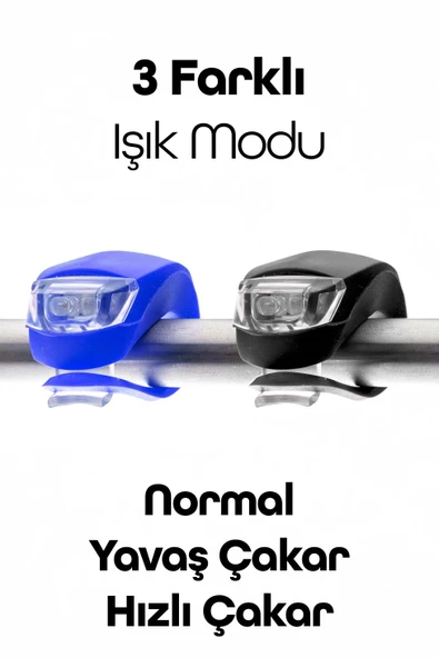 2li Bisiklet Gidon Işığı 3 Modlu Flaşörlü Çakarlı Su Geçirmez LED Fener Ön-Arka Mavi-Siyah 3781 - 4