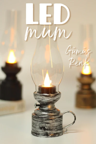Led Mum Vintage Retro Gaz Lambası Tip Dumansız Pilli Alevli Dekoratif Yapay Mum Işıldak Gümüş 1037-5 - 2