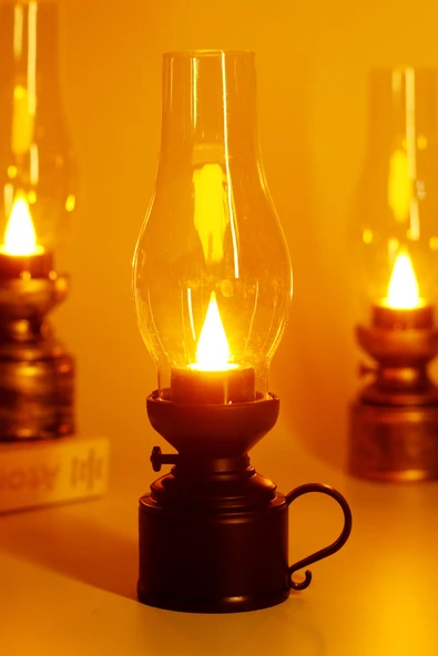 Led Mum Vintage Retro Gaz Lambası Tip Dumansız Pilli Alevli Dekoratif Yapay Mum Işıldak Siyah 1037-5