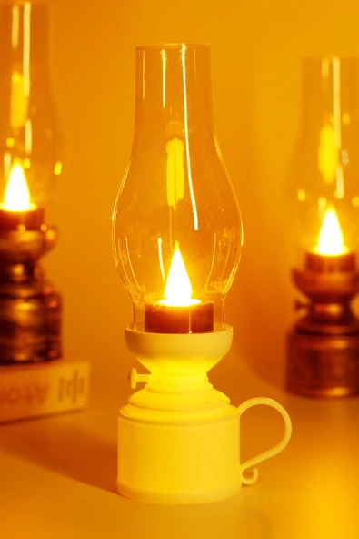 Led Mum Vintage Retro Gaz Lambası Tip Dumansız Pilli Alevli Dekoratif Yapay Mum Işıldak Beyaz 1037-5