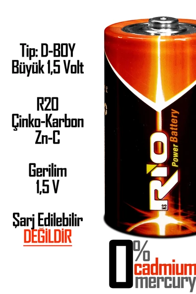 Rio 12li Büyük Boy Pil R20 D-Size Pil D Boy Pil Oyuncak Pili Çinko Karbon Pil Zn-C 1.5 V - 5