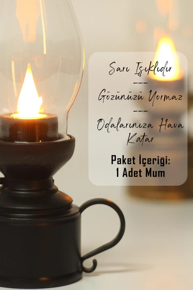 Led Mum Vintage Retro Gaz Lambası Tip Dumansız Pilli Alevli Dekoratif Yapay Mum Işıldak Siyah 1037-5 - 3