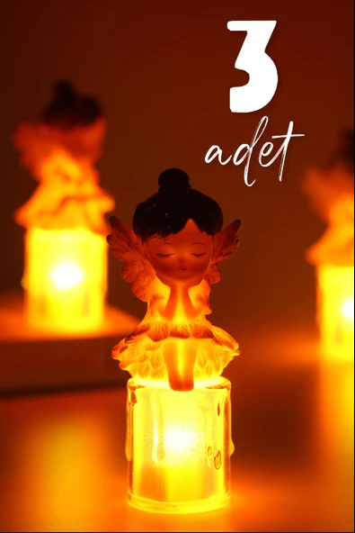 3LÜ Led Mum Kanatlı Melek Tip Dumansız Pilli Alevli Dekoratif Yapay Mum Işıldak Kahve 1037-7