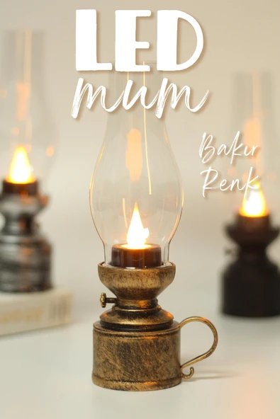 Led Mum Vintage Retro Gaz Lambası Tip Dumansız Pilli Alevli Dekoratif Yapay Mum Işıldak Bakır 1037-5 - 2