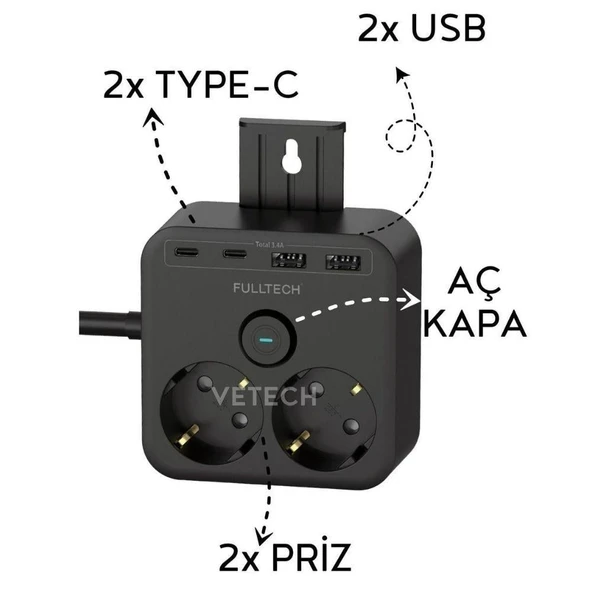 Korumalı 2'li Priz, 2 USB Girişli  Type-C Girişli 1.4 Uzatmalı Grup Akım Korumalı Dayanıklı Priz