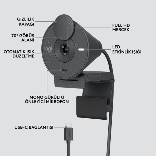 Logitech BRIO 300 Full HD 1080p Gizlilik Kapaklı Mikrofonlu Web Kamerası - Siyah - 6