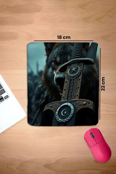 SonicTouch Bilek Destekli Kurt ve Kılıç Siyah Dikdörtgen Pürüzsüz Yüzey Dikişsiz Mouse Pad 18x22cm - 2