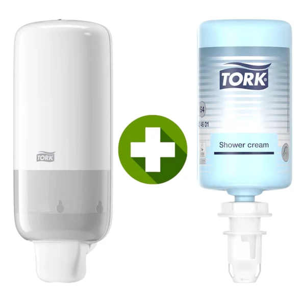 1 Ad. Tork Sabun Dispenseri Beyaz 561500 + 1 Litre Tork El, Saç ve Vücut Banyo Duş Kremi Hediyeli ürün görseli 1