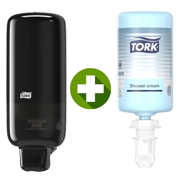 1 Ad. Tork Sabun Dispenseri Siyah 561508 + 1 Litre Tork El, Saç ve Vücut Banyo Duş Kremi  Hediyeli