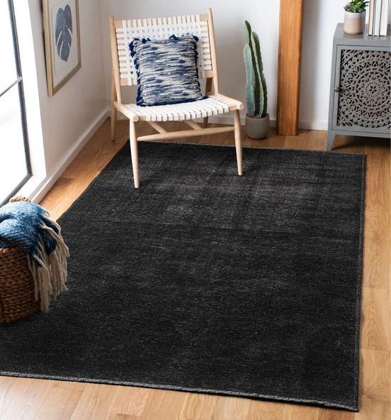 TROY Yıkanabilir Kaydırmaz, Pamuk Dokuma, Premium Kalite Salon&mutfak&yemek Odası Kilimi Siyah - Resim 2