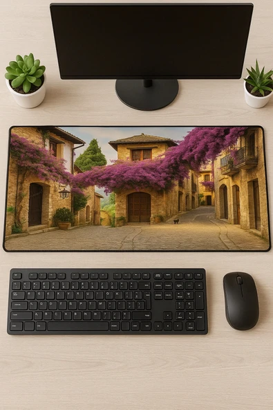 SonicTouch UltraGrand Leylak Çiçekli Taş Evler Dikişsiz Xxl Gaming Oyuncu Masaüstü Mor Klavye Mouse Pad 40x90Cm - 3