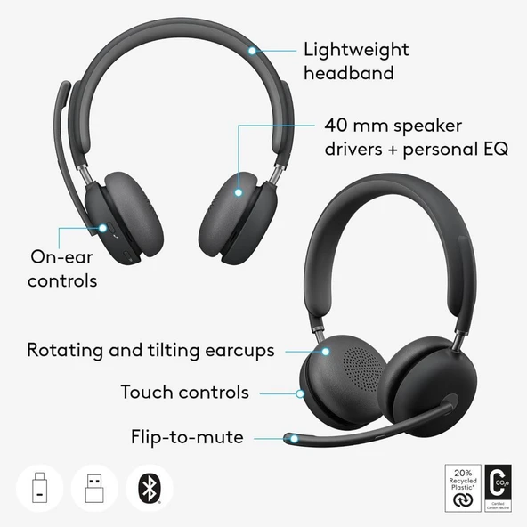 Logitech Zone 950 Hibrit ANC Bluetooth USB-C USB-A özellikli Premium Gürültü Önleyici Kulaklık - 5