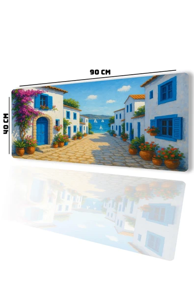 SonicTouch UltraGrand Mavi Beyaz Bodrum Evleri Dikişsiz Xxl Gaming Oyuncu Masaüstü Klavye Mouse Pad 40x90Cm - 2