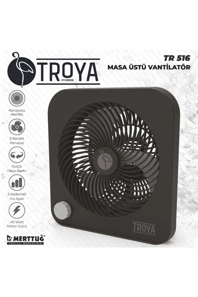 Troya By Hook Tr-516 Masaüstü Vantilatör 3 Kanatlı 3 Kademeli Vantilatör