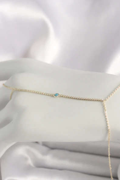 Pirinç Gold Renk Su Yolu Zirkon Taşlı Mavi Taş Detaylı Kadın Şahmeran - TJ-SN621
