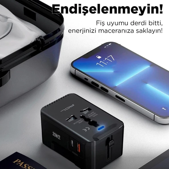 Evrensel Eu Us Au Uk Priz Fiş Çevirici Dönüştürücü Seyahat Adaptörü 2 Type-c 1 Usb Çıkışlı Adaptör - Resim 3