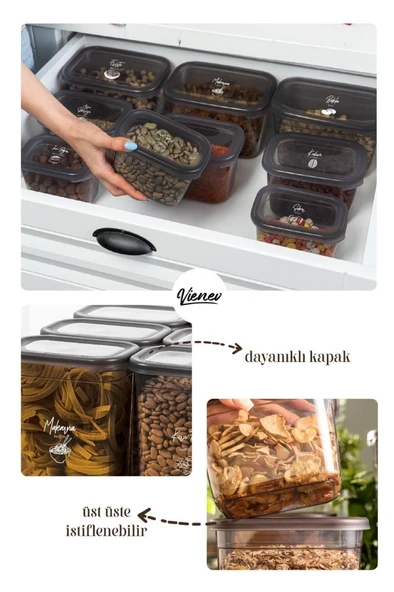 Vienev Beyaz Serigrafi Etiketli 12li Set Peggy Şeffaf Kapaklı Uzun Dikdörtgen Saklama Kabı 2 Litre - 3