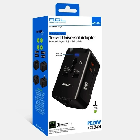 Evrensel Eu Us Au Uk Priz Fiş Çevirici Dönüştürücü Seyahat Adaptörü 2 Type-c 1 Usb Çıkışlı Adaptör